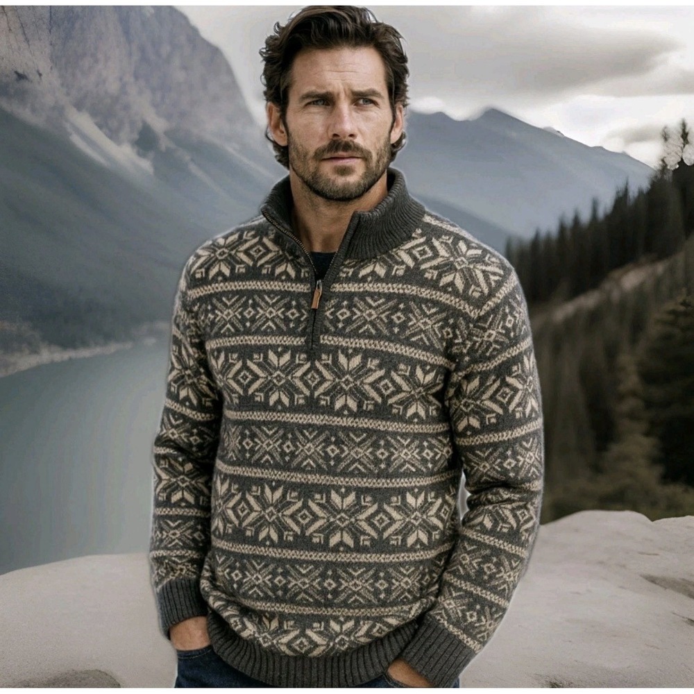 Men's Vineyard Vines Fair Isle 1/4 zip Shetland Grey Wool Sweater Nordic Ski M - Picture 11 of 12